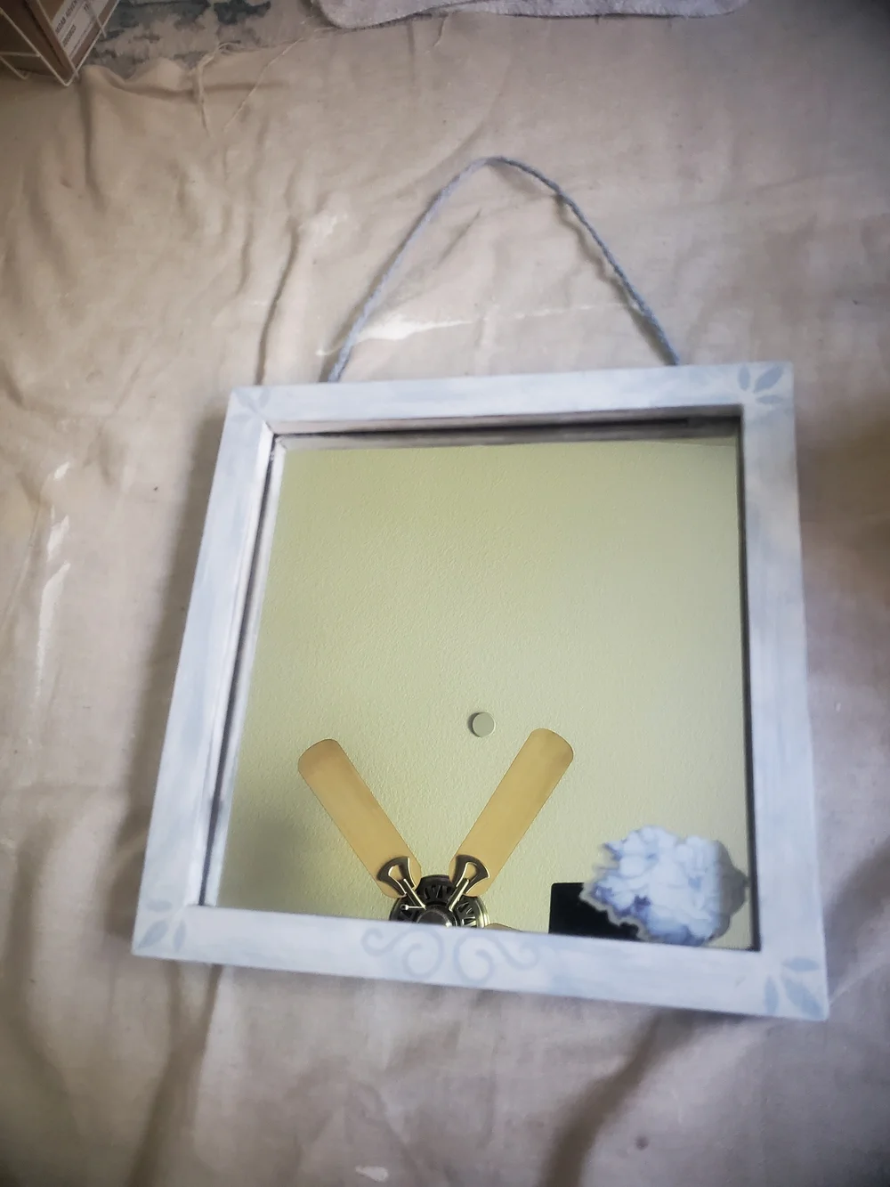 White Framed Square Wall Mirror with Decorative Rope Hanger